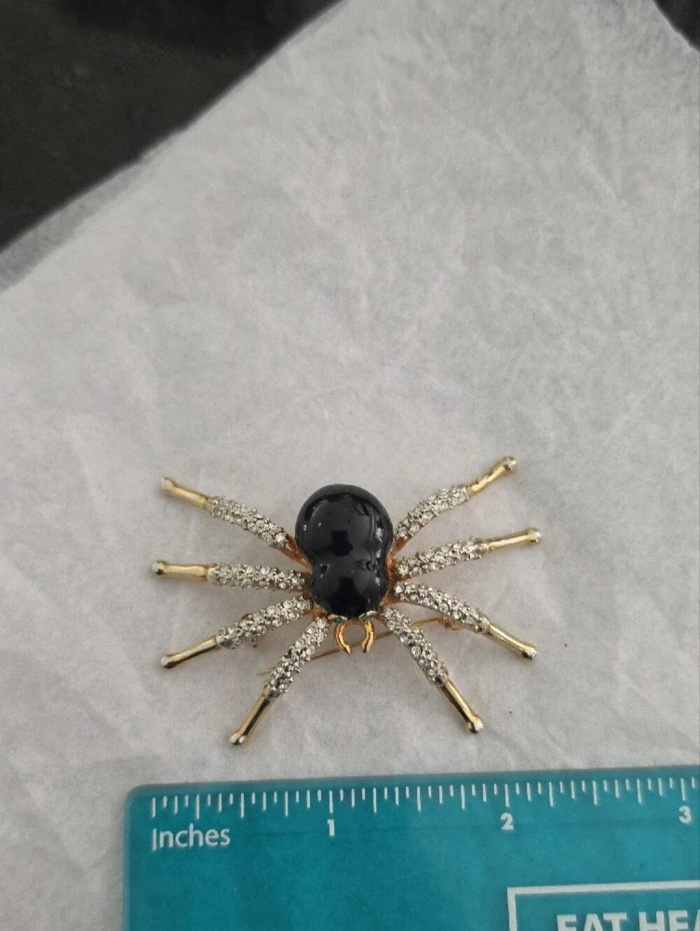 Vintage Gold and Black Spider Brooch with Crystal Legs - Women's Jewelry
